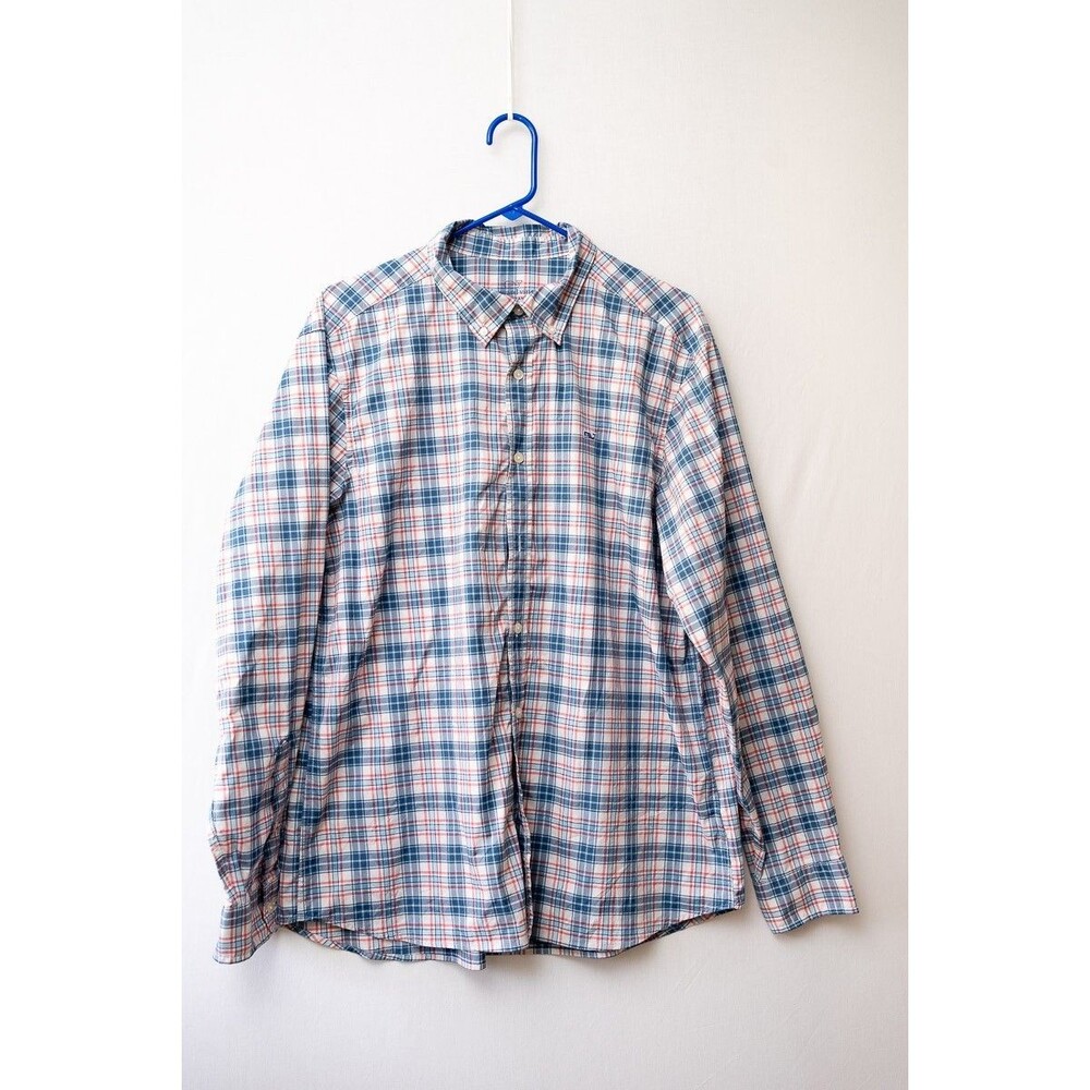Vineyard Vines mens Performance Classic Fit Whale button down plaid shirt blue L